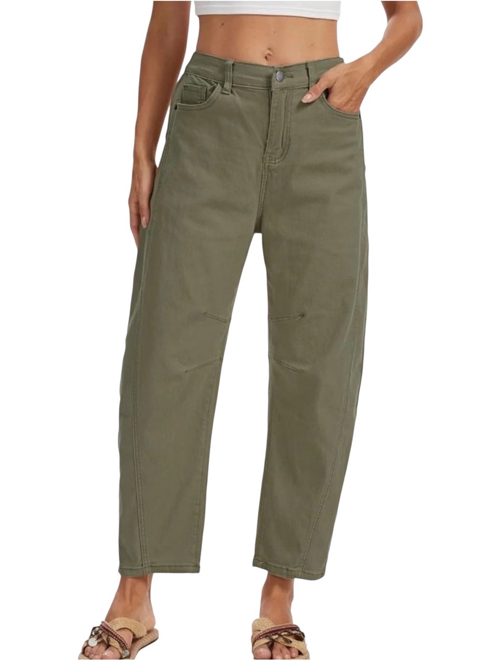 Flamingals Olive Green Denim High Waist Trendy Gorpcore Barrel Jeans Women’s M